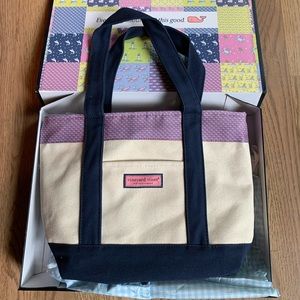 Vineyard Vines Canvas Tote Bag Purse Cream Navy Blue Pink